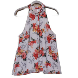 DNA Couture top Women Medium white red floral halter tie front keyhole sleeveles